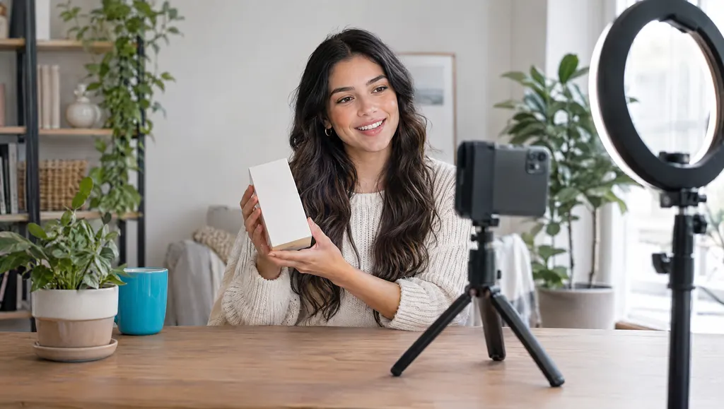 Creadora mostrando una caja frente a la cámara de un teléfono.